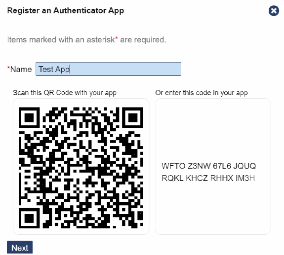 Register an Authenticator App Popup